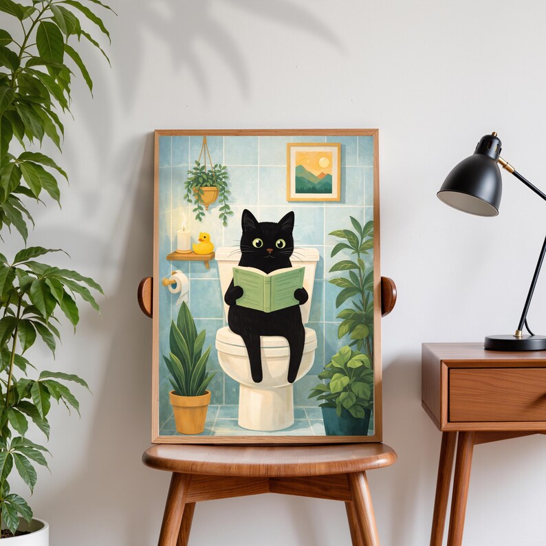 Funny Black Cat Reading on Toilet Bathroom Print, Humorous Animal Wall ...