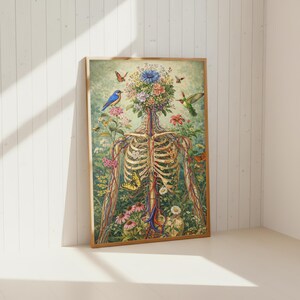 Floral anatomy poster featuring human skeleton with botanical elements
Surreal medical illustration combining flowers and human anatomy
Botanical skeleton wall art for science and nature decor
Human body anatomy print with flowers and butterflies
Aesthetic science wall art blending biology and botanical design
Unique anatomy artwork for modern home or office decor