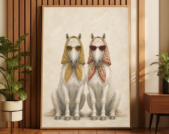 Speelse paardenkunstprint, grappige paarden met zonnebrillen, vintage paardendecoratie