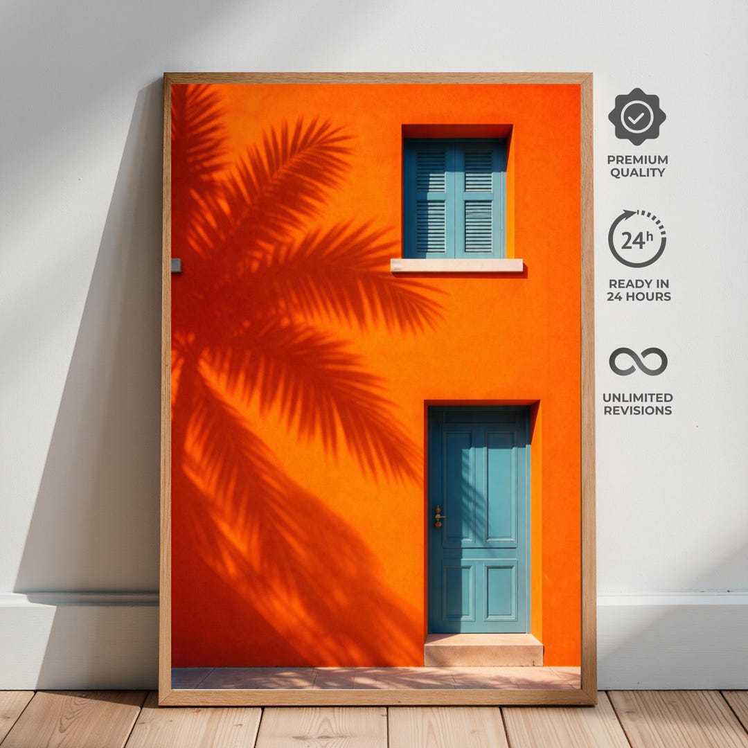 Mediterranean Orange Wall Poster, Coastal Palm Shadow Blue Door Art - Etsy