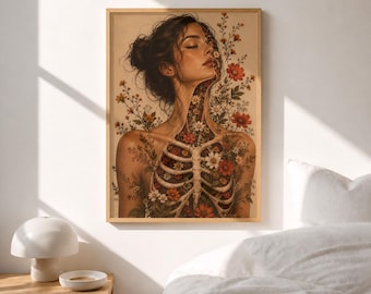 Bloemen anatomie kunstprint, botanisch skelet muurdecoratie, poster wilde bloemen ribbenkast