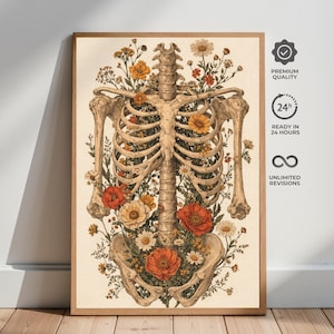 Floral Anatomy Skeleton Poster, Vintage Botanical Rib Cage Wall Art, Gothic Medical Illustration Print, Dark Academia Decor