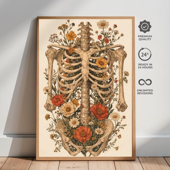 Floral Anatomy Skeleton Poster, Vintage Botanical Rib Cage Art, Gothic Medical Print