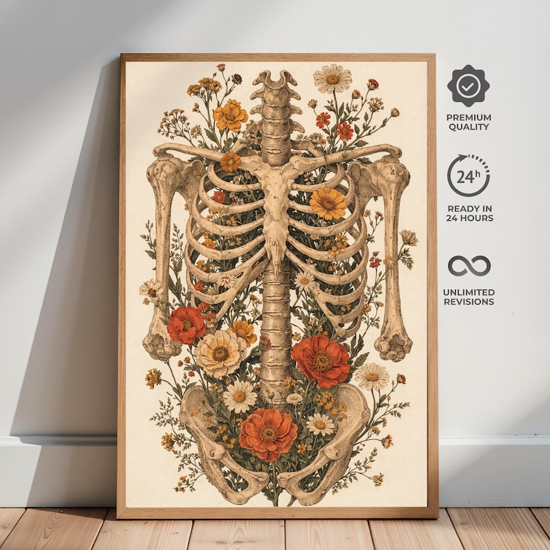 Floral Anatomy Skeleton Poster, Vintage Botanical Rib Cage Wall Art, Gothic Medical Illustration Print, Dark Academia Decor