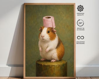 Grappige kunst aan de muur cavia, humoristische badkamer dierenposter, eigenzinnige print toiletpapier hoed, leuke meme decor, vintage stijl ingelijste kunstwerken
