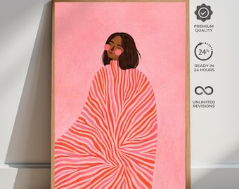 Roze gestreepte vrouwenposter, moderne vrouwelijke illustratie muurkunst, minimalistische abstracte vrouwelijke portretafdruk
