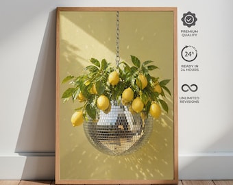 Disco-citroenprint, mirror ball chili muurkunst, funky keukendecor