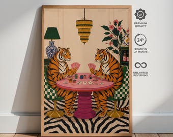 Poker Tigers Muurdecoratie, Maximalistische Dieren Kaartspel Print, Funky Casino Decoratie (Maximalistische Poster)