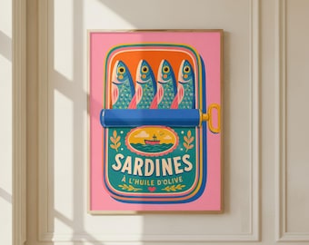 Sardines Can Poster, Retro Food Kitchen Art, Whimsical Fish Illustration