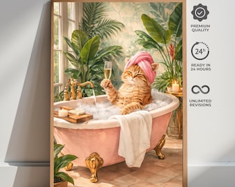 Badposter grappige kat, champagneprint, grillige badkamermuurkunst