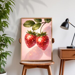 Disco Strawberry Poster, Retro Disco Ball Fruit Art, Maximalist Kitchen Wall Decor, Funky Pop Art Print, Trendy Dopamine Wall Art