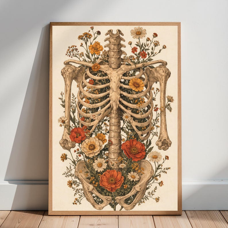 Floral Anatomy Skeleton Poster, Vintage Botanical Rib Cage Wall Art, Gothic Medical Illustration Print, Dark Academia Decor
