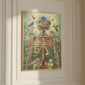 Floral anatomy poster featuring human skeleton with botanical elements
Surreal medical illustration combining flowers and human anatomy
Botanical skeleton wall art for science and nature decor
Human body anatomy print with flowers and butterflies
Aesthetic science wall art blending biology and botanical design
Unique anatomy artwork for modern home or office decor