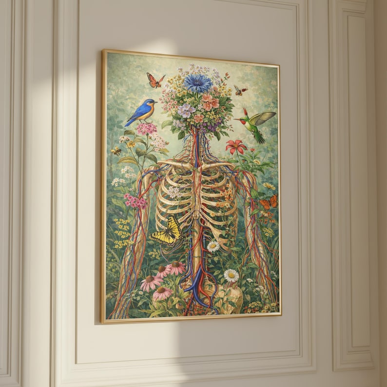 Floral anatomy poster featuring human skeleton with botanical elements
Surreal medical illustration combining flowers and human anatomy
Botanical skeleton wall art for science and nature decor
Human body anatomy print with flowers and butterflies
Aesthetic science wall art blending biology and botanical design
Unique anatomy artwork for modern home or office decor