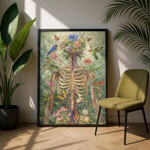 Floral anatomy poster featuring human skeleton with botanical elements
Surreal medical illustration combining flowers and human anatomy
Botanical skeleton wall art for science and nature decor
Human body anatomy print with flowers and butterflies
Aesthetic science wall art blending biology and botanical design
Unique anatomy artwork for modern home or office decor