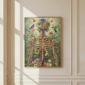 Floral anatomy poster featuring human skeleton with botanical elements
Surreal medical illustration combining flowers and human anatomy
Botanical skeleton wall art for science and nature decor
Human body anatomy print with flowers and butterflies
Aesthetic science wall art blending biology and botanical design
Unique anatomy artwork for modern home or office decor