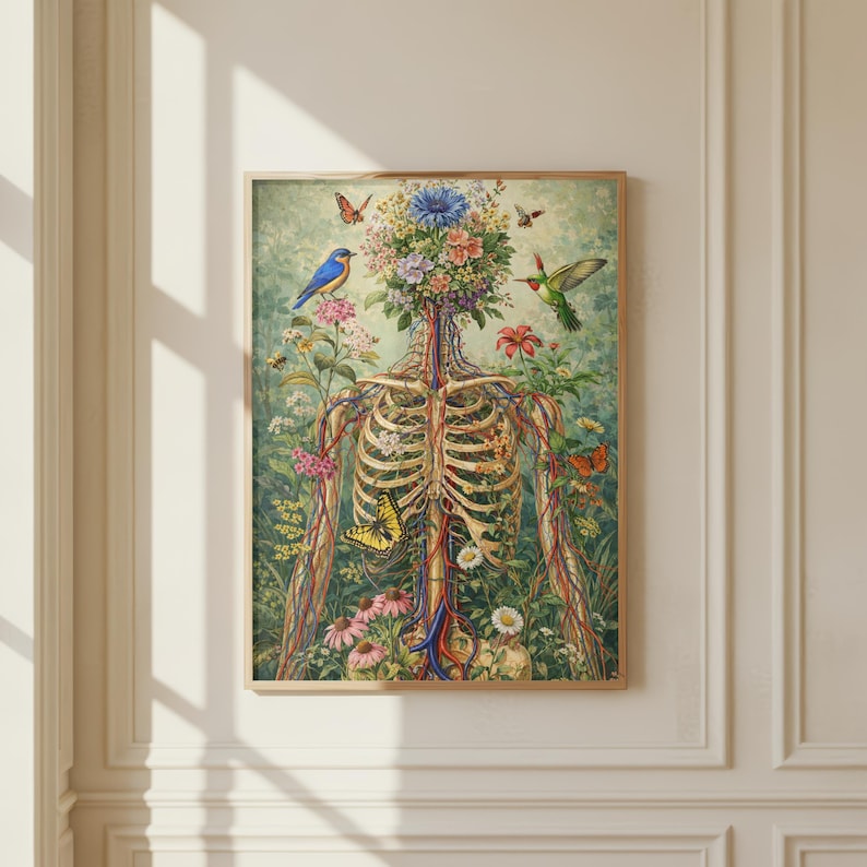 Floral anatomy poster featuring human skeleton with botanical elements
Surreal medical illustration combining flowers and human anatomy
Botanical skeleton wall art for science and nature decor
Human body anatomy print with flowers and butterflies
Aesthetic science wall art blending biology and botanical design
Unique anatomy artwork for modern home or office decor