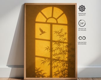 Pobierz grafikę z cieniem zachodzącego słońca, sylwetkową grafikę ścienną z motywem botanicznym, dekorację w stylu boho z motywem złotej godziny