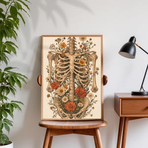 Floral Anatomy Skeleton Poster, Vintage Botanical Rib Cage Wall Art, Gothic Medical Illustration Print, Dark Academia Decor