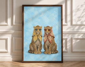 Speelse luipaardprint, grappige grote katten met zonnebril, vintage dierendecoratie
