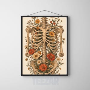 Floral Anatomy Skeleton Poster, Vintage Botanical Rib Cage Wall Art, Gothic Medical Illustration Print, Dark Academia Decor