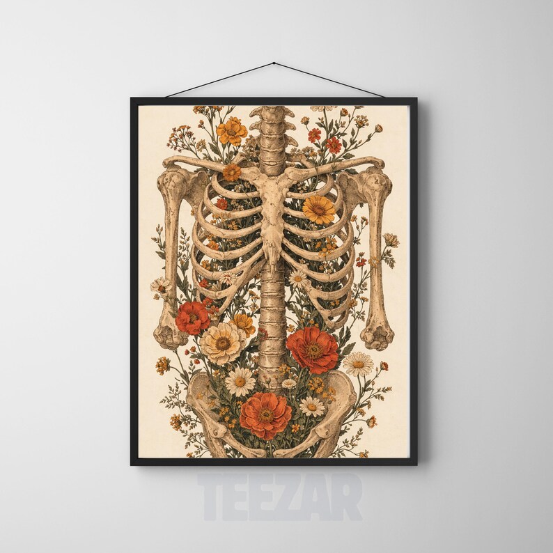 Floral Anatomy Skeleton Poster, Vintage Botanical Rib Cage Wall Art, Gothic Medical Illustration Print, Dark Academia Decor