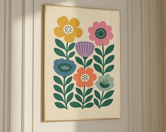 Scandinavische bloemsierkunst, kleurrijke Scandinavische botanische poster, decor boho