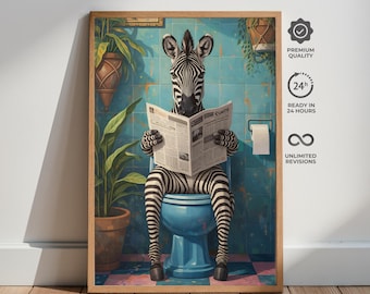 Funny Zebra Reading Newspaper Toilet Poster, Whimsical Animal Bathroom Art Print