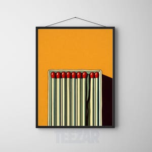 Abstract Matches Poster, Minimalist Wall Art Print, Mustard Yellow Decor, Retro Matchstick Art, Modern Kitchen Wall Art, Bold Graphic Poster