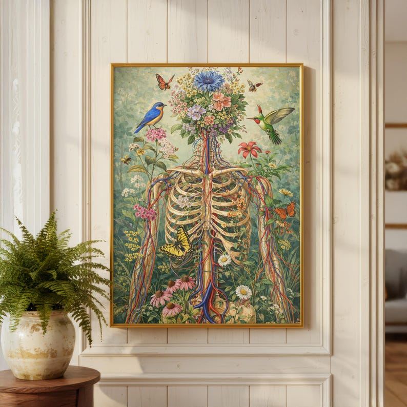 Floral anatomy poster featuring human skeleton with botanical elements
Surreal medical illustration combining flowers and human anatomy
Botanical skeleton wall art for science and nature decor
Human body anatomy print with flowers and butterflies
Aesthetic science wall art blending biology and botanical design
Unique anatomy artwork for modern home or office decor