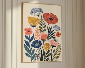 Art mural botanique bohème, imprimé floral scandinave, décoration naturelle colorée