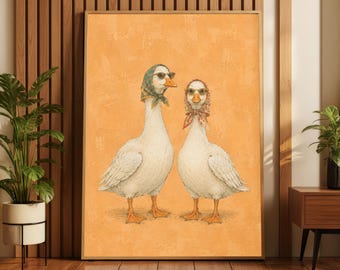 Speelse ganzenkunstprint, grappige ganzen met zonnebrillen, vintage cottagecore-decoratie