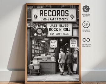 Vintage Record Store Poster, Black White Music Wall Art, Retro Vinyl Print