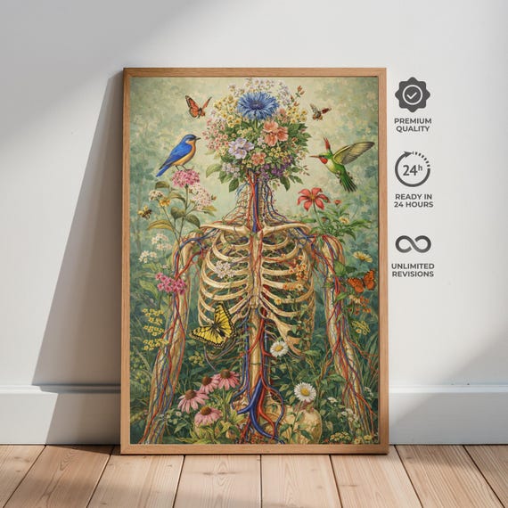 Floral Anatomy Skeleton Posters, Botanical Surreal Medical Illustration, Science Nature Decor