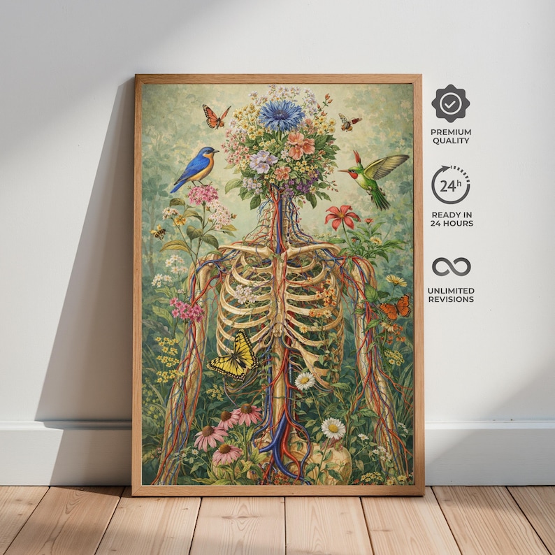 Floral anatomy poster featuring human skeleton with botanical elements
Surreal medical illustration combining flowers and human anatomy
Botanical skeleton wall art for science and nature decor
Human body anatomy print with flowers and butterflies
Aesthetic science wall art blending biology and botanical design
Unique anatomy artwork for modern home or office decor