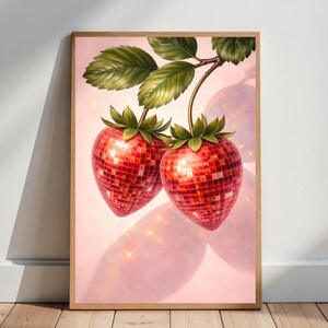 Disco Strawberry Poster, Retro Disco Ball Fruit Art, Maximalist Kitchen Wall Decor, Funky Pop Art Print, Trendy Dopamine Wall Art