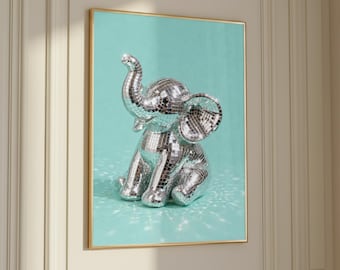 Póster de elefante disco, arte animal con bola de espejos, lámina decorativa para dopamina, decoración retro para habitaciones.