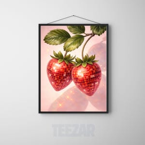 Disco Strawberry Poster, Retro Disco Ball Fruit Art, Maximalist Kitchen Wall Decor, Funky Pop Art Print, Trendy Dopamine Wall Art