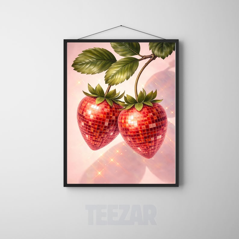 Disco Strawberry Poster, Retro Disco Ball Fruit Art, Maximalist Kitchen Wall Decor, Funky Pop Art Print, Trendy Dopamine Wall Art
