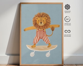 Póster de un león patinador juguetón, arte animal para la habitación infantil, ilustración minimalista.