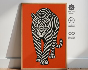 Tijgerpop-artposter, gedurfde oranje dierenmuurkunst, moderne grafische print jungle