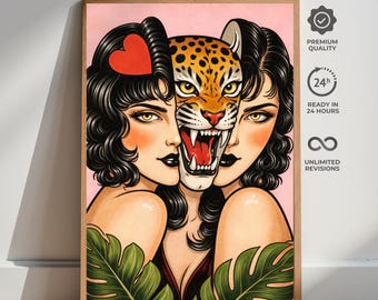 Tiger Woman Poster, Retro Tattoo Style Wall Art, Edgy Pin Up Print
