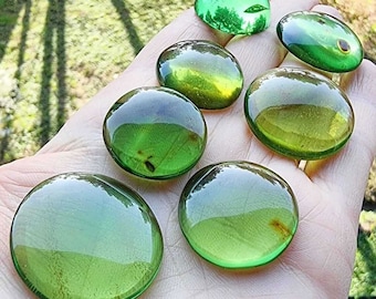 Natural Amber Green Color, Free Round Shape Flat Bottom Cabochons, Various Sizes.