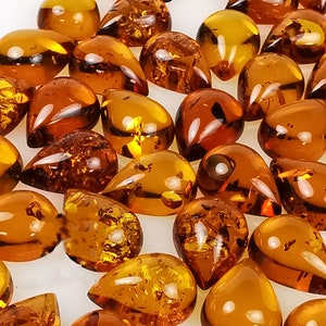 Natural Baltic Amber Cognac Color, Regular Calibrated Drop Shape 12x20 -  12x16 - 13x18 - 15x20 mm Flat Bottom Cabochons.