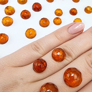 Natural Baltic Amber Cognac Color, Regular Calibrated Faceted Round Shape  10 - 12- 14 mm Flat Bottom Cabochon