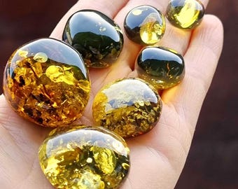 Natural Baltic Amber "Earth stone" Green Color, Free Shape Flat Bottom Cabochons, Various Sizes.