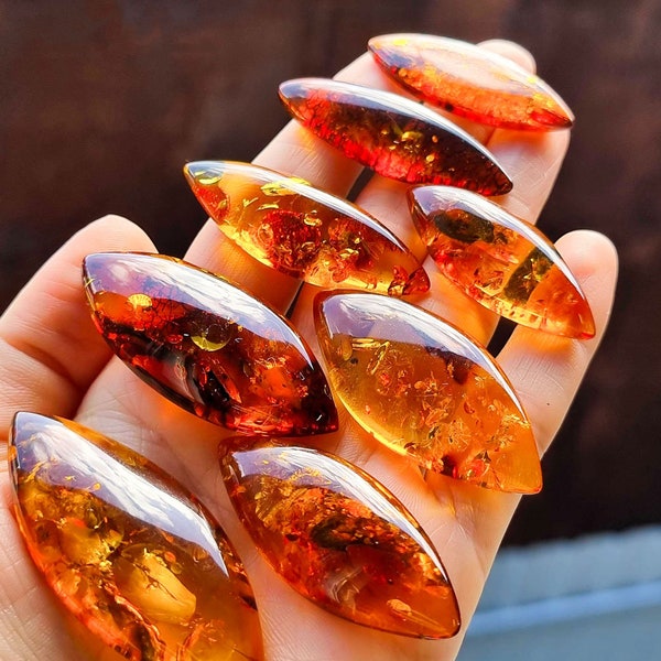 Natural Baltic Amber Cognac Color, Free Marquise Shape Flat Bottom Cabochons, Various Sizes.