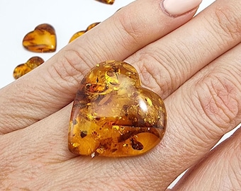 Natural Baltic Amber Cognac Color, Free Heart Shape Flat Bottom Cabochons, Various Sizes.