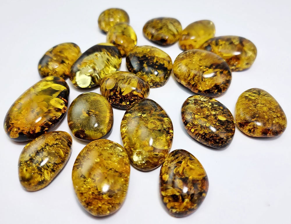 Natural Baltic Amber "Earth stone" Green Color, Free Shape Flat Bottom Cabochons, Various Sizes.