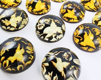 Natural Baltic Amber Hummingbird Intaglio Cherry Color bottom, Regular Calibrated Round Shape 12 mm Flat Bottom Cabochon